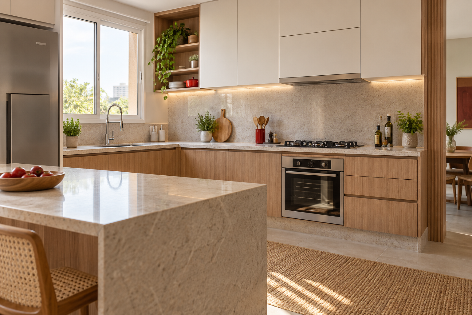 Cozinha planejada em madeira e branco